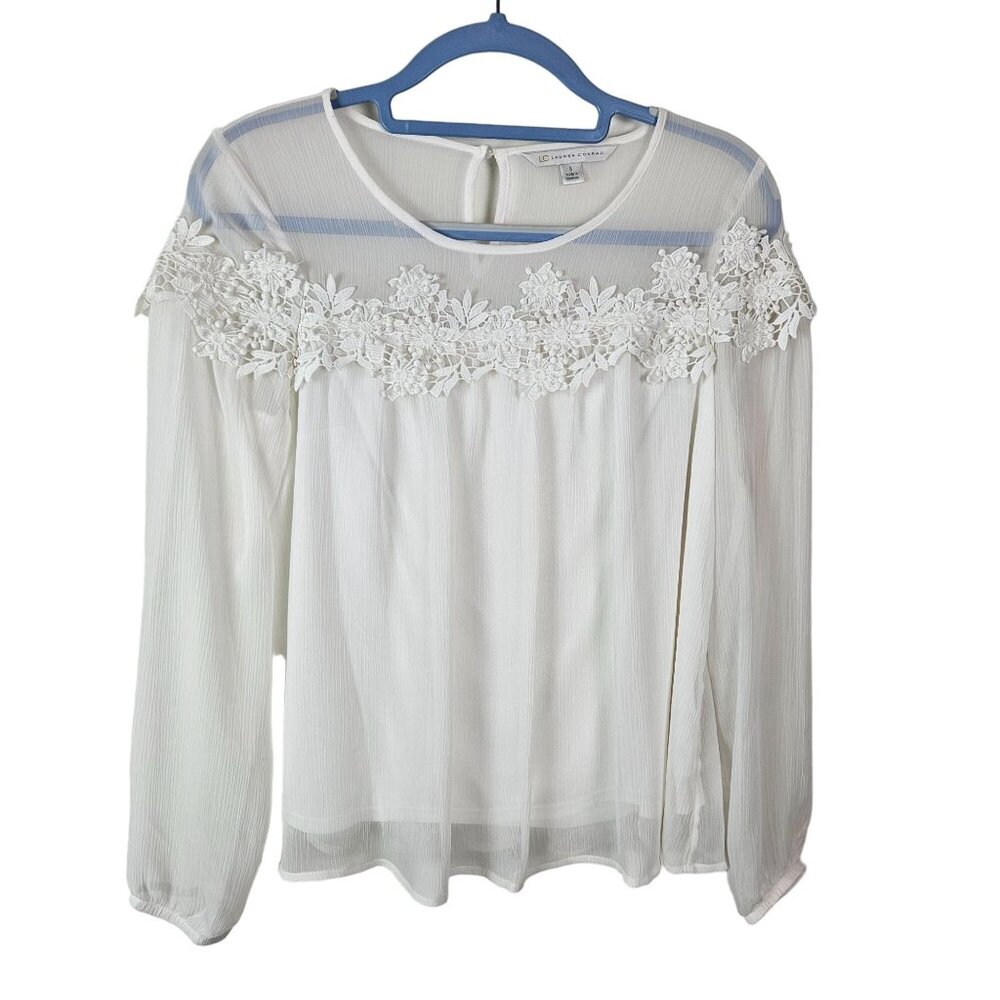 Lauren Conrad Sheer White Blouse Lined Lace Floral Trim Size Small Elegant Chic